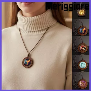 Dây chuyền áo len MERIGGIARE, Dây chuyền da Boho Mặt dây chuyền bằng gỗ, Vintage Dài Handmade Rồng Phượng Áo len Vòng cổ Phụ kiện dân tộc