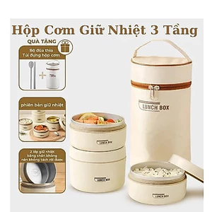 Hộp cơm 3 tầng giữ nhiệt, hộp cơm văn phòng lõi inox an toàn lò vi sóng tặng kèm đũa thìa