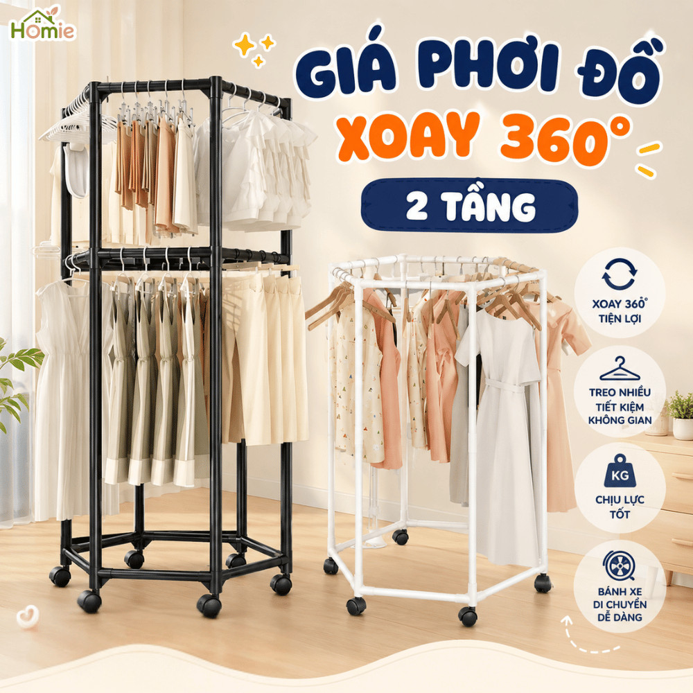 Giá Phơi Quần Áo Xoay 360 Độ Khung Thép Chịu Lực Không Gỉ HOMIE, Cây Treo Quần Áo Ban Công, Phòng Ngủ Đa Năng