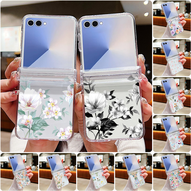 Hoa Họa Tiết Trong Suốt Ốp Lưng Điện Thoại Samsung Galaxy Z Flip 7 Flip 6 Flip 5 Flip 4 5G Full Bản Lề Cứng PC Gấp Bao Dành Cho Samsung Z Flip7 Flip6 Flip5 Flip4 Flip3
