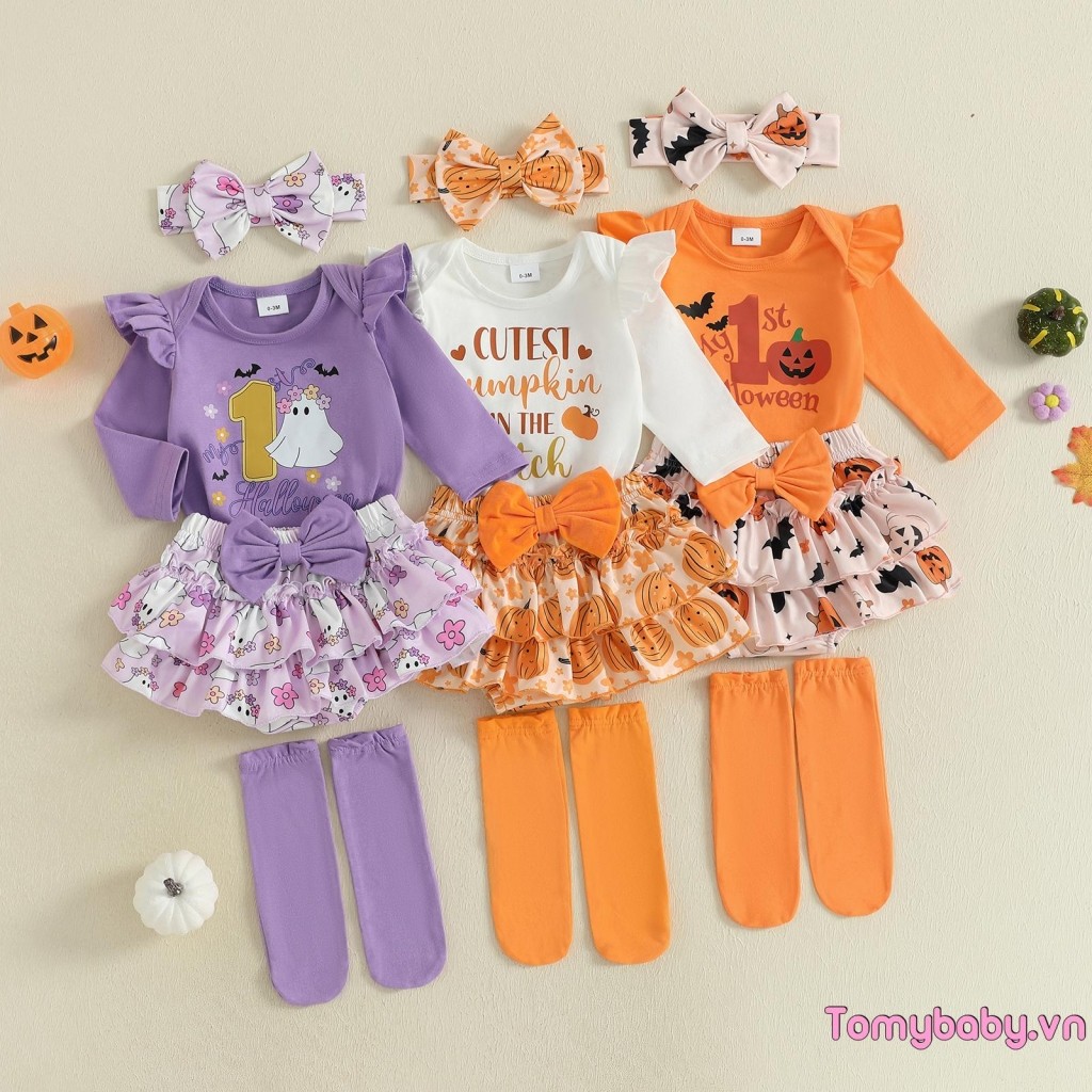 Bộ trang phục Halloween cho bé gái Áo liền quần dài tay in chữ + Skort nhiều lớp + Băng đô + Tất Bộ 4 chiếc