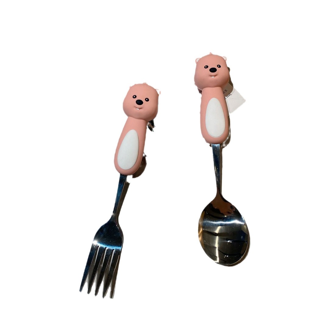 Little Beaver Hoạt Hình Thìa Inox Nĩa Gói Chống bỏng Ngoài Trời Tích Hợp Di Động Thìa Nĩa Bộ Đồ Ăn 25.9.12