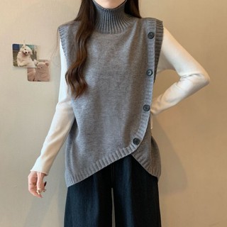 Thiết Kế Không Đều Dệt Kim Áo Nữ Thu Đông Rời Phong Cách Phương Tây Mặc Ngoài Áo Len Không Tay Áo Vest Áo Vest Hợp Thời Trang