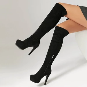 SKMY35-46 Size Lớn Da Lộn Thời Trang Gợi Cảm Stiletto Cao Gót Tròn Đế Dày Giày Bốt Thời Trang Ống Cao Giày Bốt Quần Trên Đầu Gối