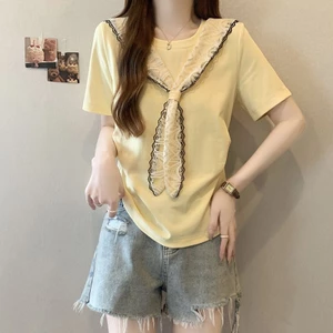 Áo thun tay ngắn ren vai cho nữ, dáng rộng thoải mái, phù hợp mùa hè