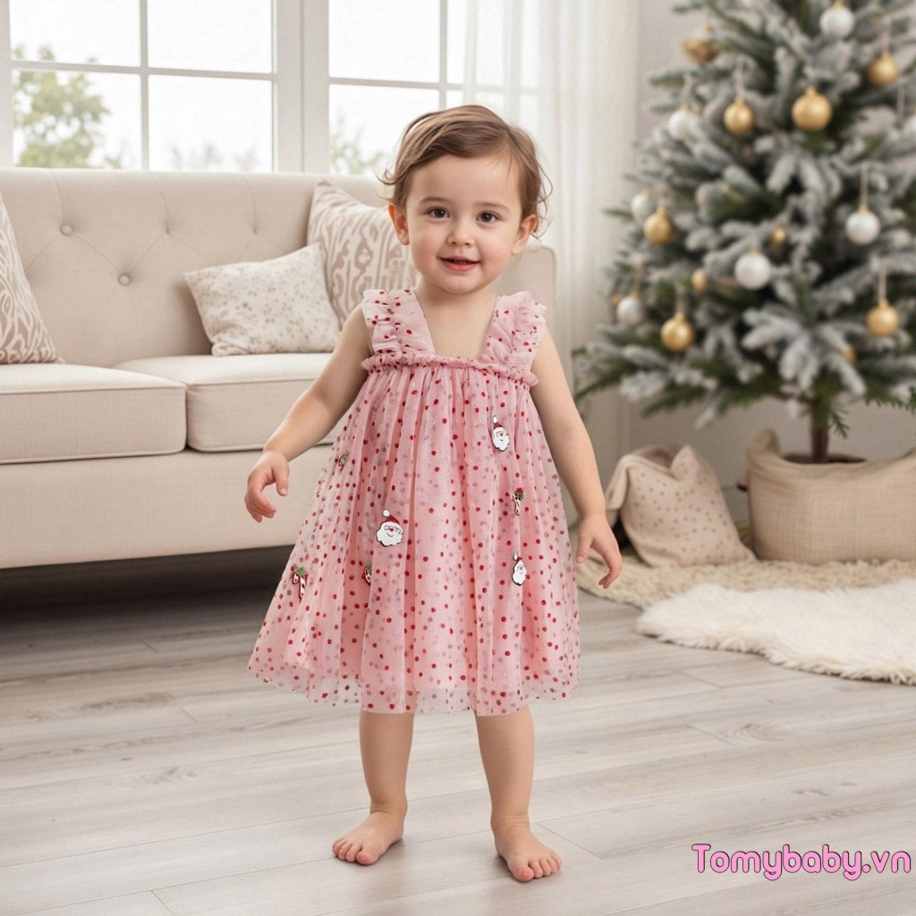 Trẻ Em Bé Gái Váy Giáng Sinh Ông Già Noel Kẹo mía Chấm Không Tay Một Dòng Lưới Tutu Váy
