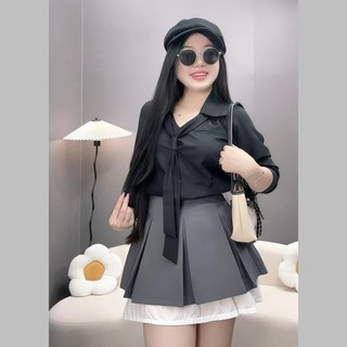 Set Bộ Bigsize Nữ Công Sở Áo Sơ Mi Kèm Cà Vạt Phối Chân Váy A Tennis Lưng Cao Tôn Dáng Có Bảo Hộ - SET( SM168+CV421)