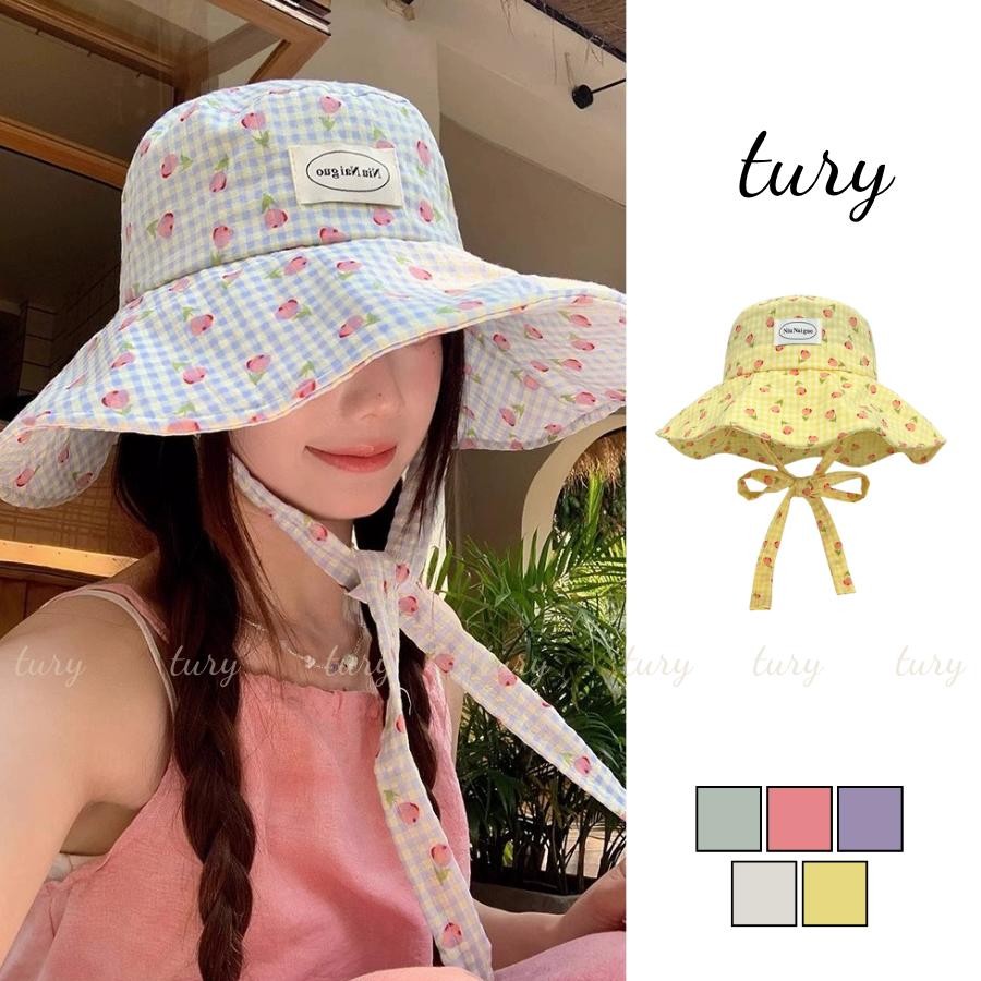 Mũ Tai Bèo Nữ - Tury - Mũ Bucket Phối Quả Đào Caro Có Dây - NV085