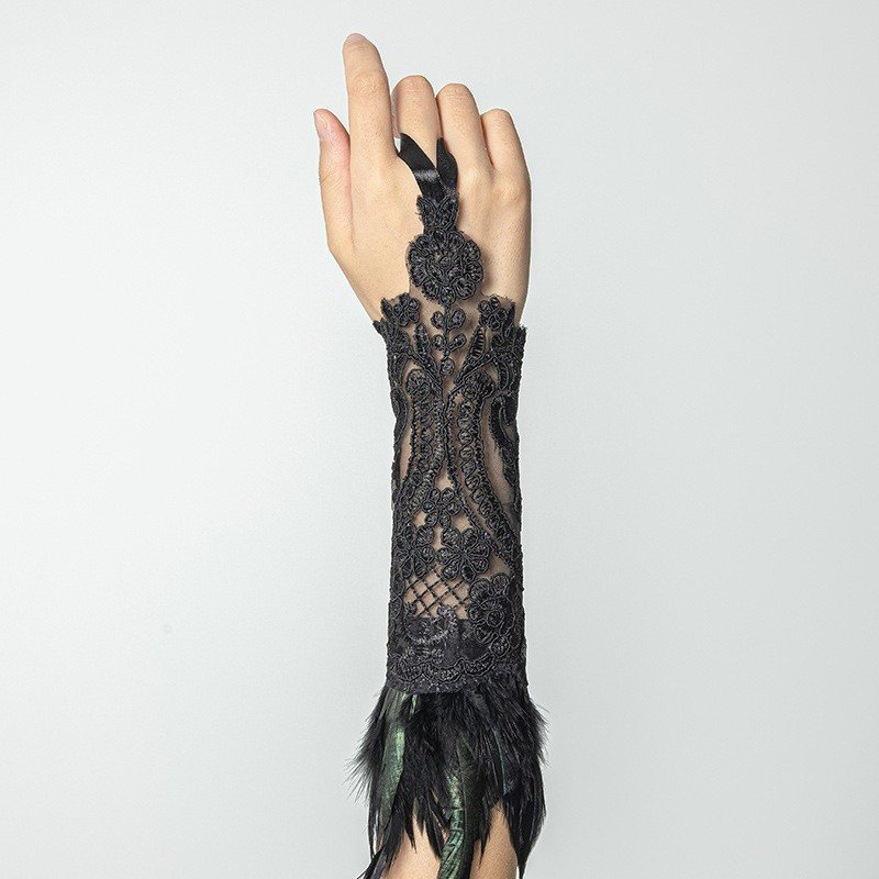 Găng tay buộc ngón lông vũ ren Gothic - Phù hợp cho tiệc cưới và Halloween