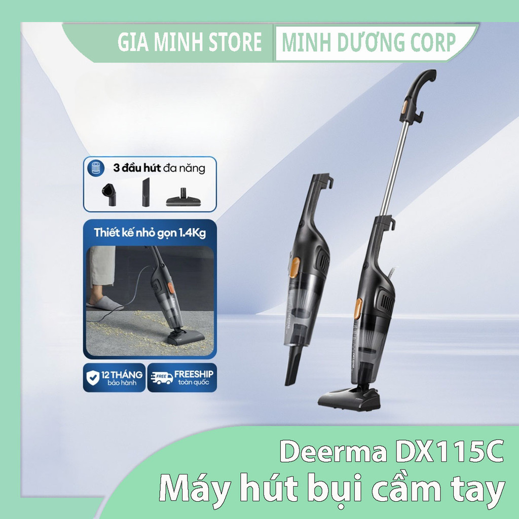 Máy hút bụi cầm tay Deerma DX115C – Lực hút 15.000Pa, Công suất 600W, 3 đầu hút đa năng - Chính Hãng