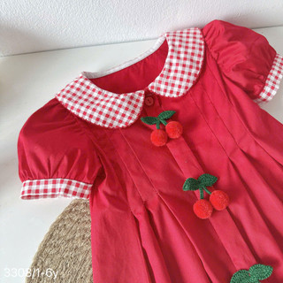 Váy Đỏ Tết Noel Cộc Tay Cổ Sen Caro Đính Cherry Cho Bé Gái Chất Thô Lụa 8-26kg