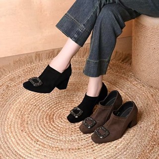 Giày Cao Gót Nữ Mũi Vuông Dày Gót Chân Sâu Miệng Kim Cương Giả