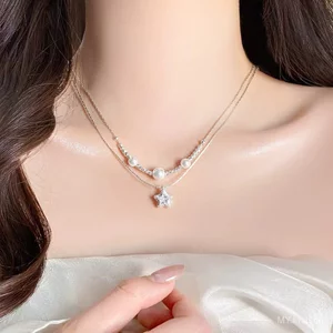 Vòng cổ hai lớp ngọc trai ngôi sao năm cánh Zircon phong cách mới, ánh sáng phù hợp thời trang sang trọng tinh tế đơn giản cao cấp đơn giản tinh tế