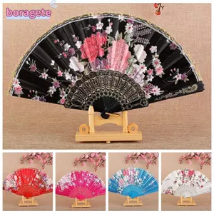 Quạt khiêu vũ BORAGETE, Quạt gấp phong cách cổ điển bằng nhựa, Vải lụa phong cách Trung Quốc Quạt cầm tay cổ điển Đồ trang trí máy tính để bàn