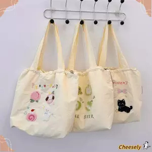 Túi Tote CHEESELY, Túi xách kiểu Ins dây rút, Túi đeo vai dung tích lớn thêu thường ngày dễ thương