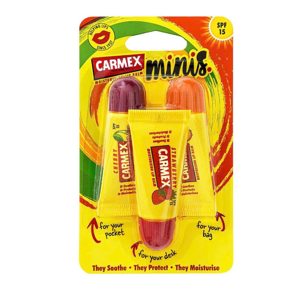 Set Son dưỡng môi vị trái cây Carmex Moisturising Mini Lip Balms SPF 15 3 pack