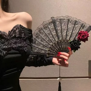 Gothic Cổ Điển Ren Quạt Tuyệt Đẹp Châu Âu Hoa Hồng Gấp Quạt Tiệc Trà Tối Truyện Tranh Triển Lãm cos Đạo Cụ Phong Cách Retro