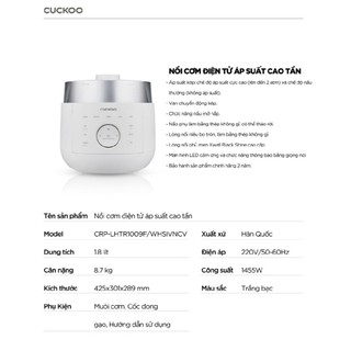 Nồi cơm điện cao tần áp suất Cuckoo CRP-LHTR1009F 1.8L - Bảo hành chính hãng 24 tháng