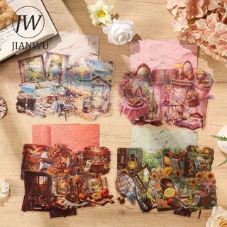 JIANWU Vintage Seasons Hoa Phong Cảnh Cắt Dán Thêu Sò Chất Liệu Gói Sáng Tạo DIY Rác Tạp Chí Văn Phòng Phẩm