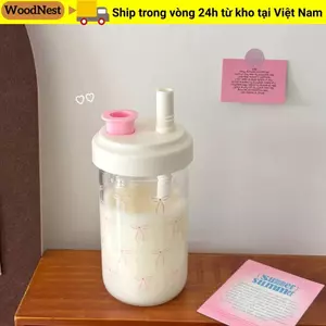 Cốc Rơm GỖ, Bình Nước Dung Tích Lớn 500ml, Cốc Nhựa Nơ Di Động Nước ép Sữa