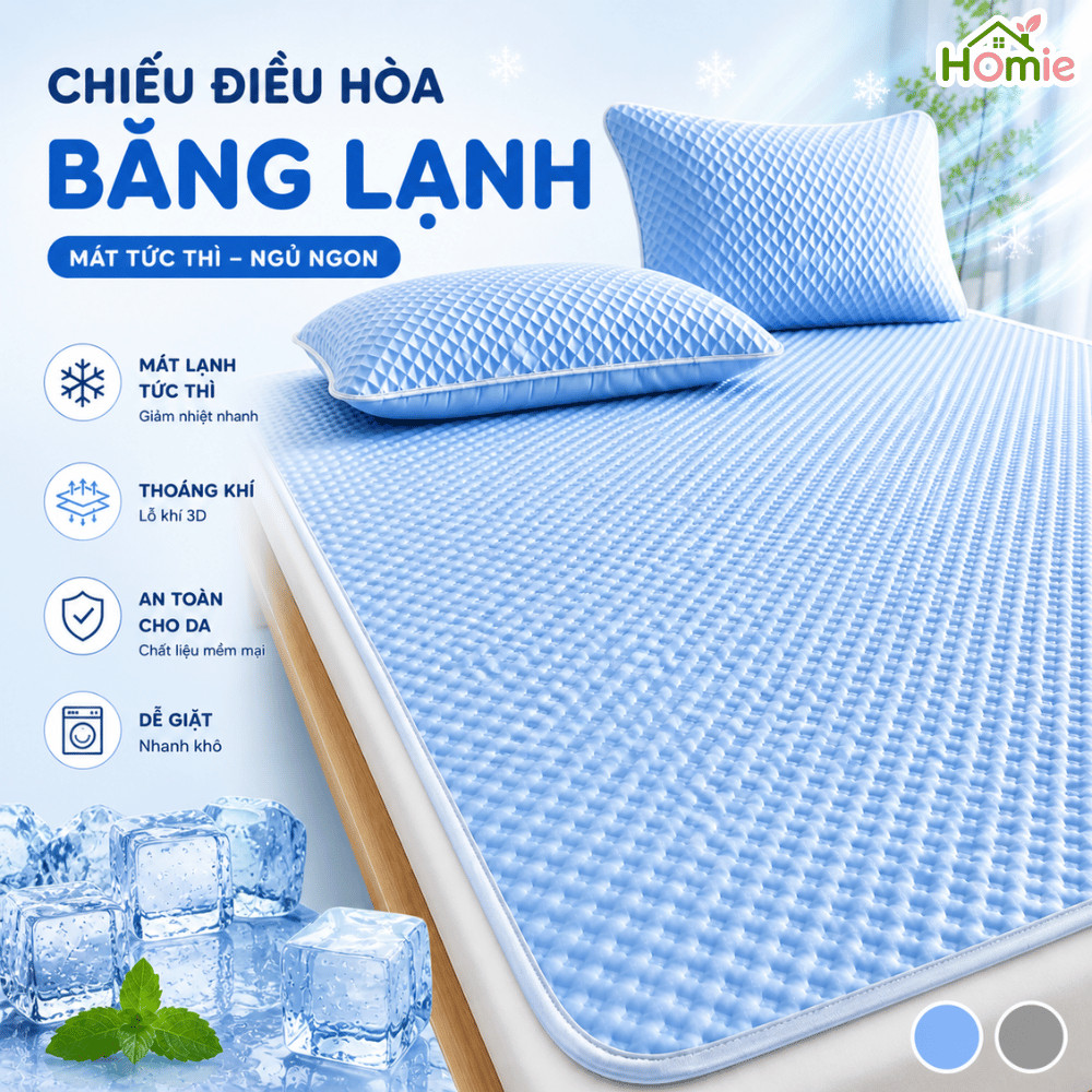 Chiếu Điều Hòa Băng Lạnh Làm Mát Vải Ice Bean Thông Thoáng HOMIE, Ga Trải Giường Chống Bám Bẩn