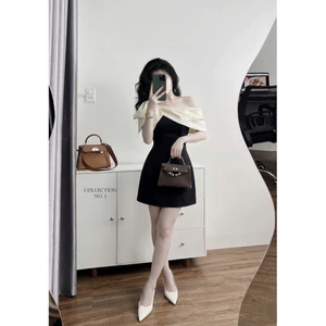 váy lệch vai phối nơ vai dáng ngắn, Đầm dự tiệc chéo vai thanh lịch nhẹ nhàng chuẩn form SML BYJOLIE AL