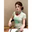 Milyfashion Y2K Bạc Hà Xanh Graffiti Nửa Cổ Cao Tay Ngắn T Giả Hai Mảnh Gạc Slim-Fit Ngắn Top Nữ Bé tee