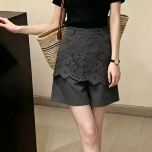 Quần short dài hai mảnh giả màu xám đậm dành cho nữ Mùa hè Phong cách mới Thời trang sang trọng Slimer Look Quần thường ngày