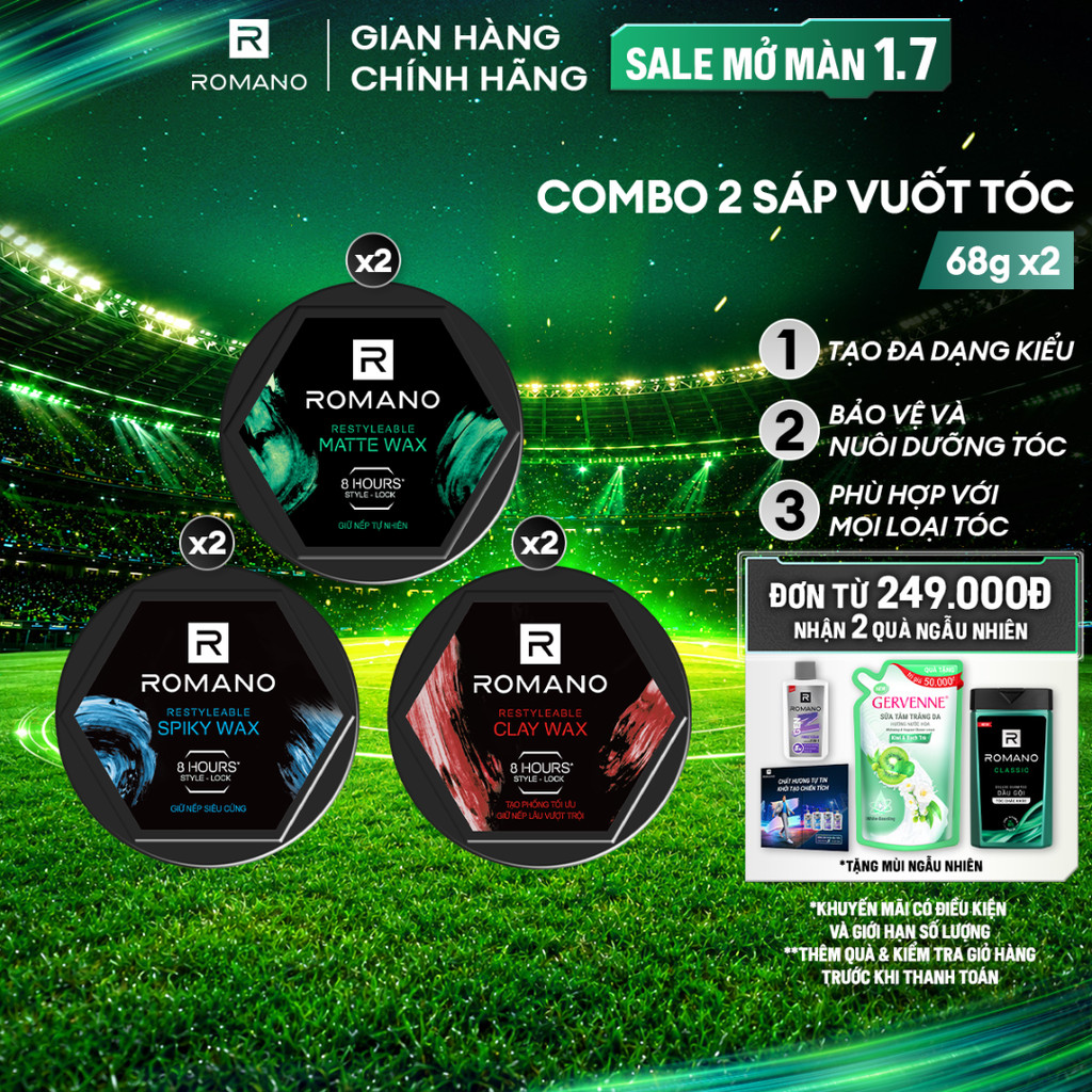 Combo 2 Sáp vuốt tóc nam Romano Restyleable 68g/hộp giữ nếp suốt 8h
