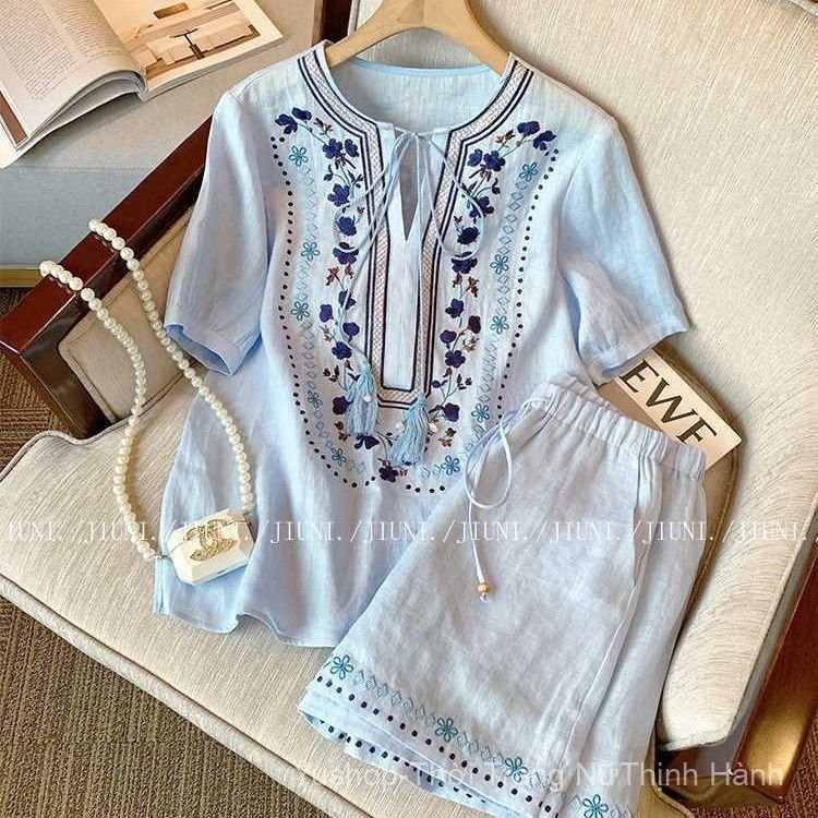 Bộ trang phục thời trang cao cấp cho giới trẻ mùa hè, áo sơ mi hoa xanh ngọt ngào