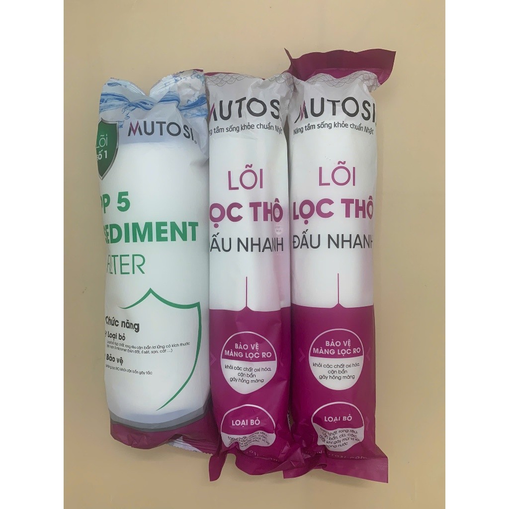 Combo Thô Mutosi Gồm Lõi 1 PP 5 Micron Loại Thường Và Lõi 2 OCB Lõi 3 PP1 Micron Dạng Đúc Dùng Cho Máy Lọc Nước RO
