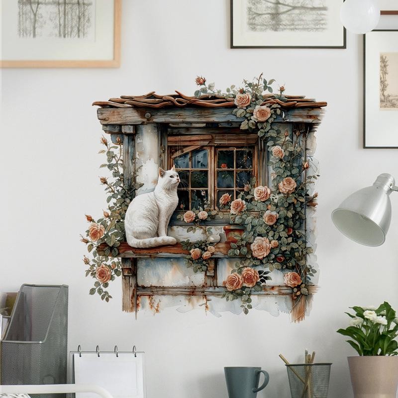 Dán Tường Mèo Windowsill - Hoa Hồng & Đề Can Cửa Sổ Giả Cho Phòng Khách Sofa Nền Tường & Trang Trí Phòng Trẻ Em