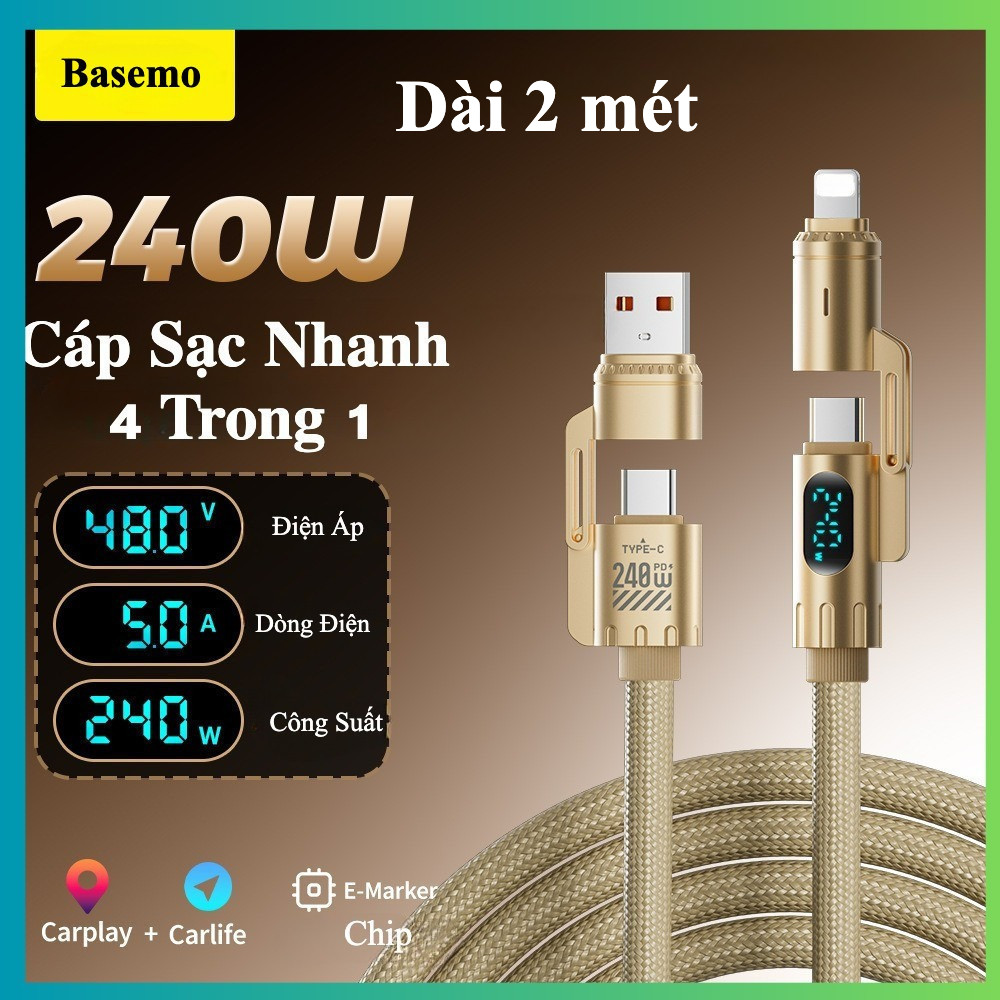 Dây Cáp Sạc Nhanh 240W - Hãng Basemo - 2 Mét - Có chip E-Marker - Đa Năng 4 Trong 1 -Có đo công suất