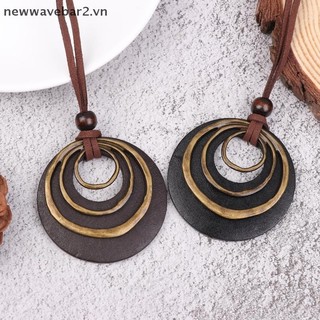 Dây chuyền hình học mặt vòng tròn gỗ, kèm da và xích nhiều lớp - Trang sức vintage thời thượng