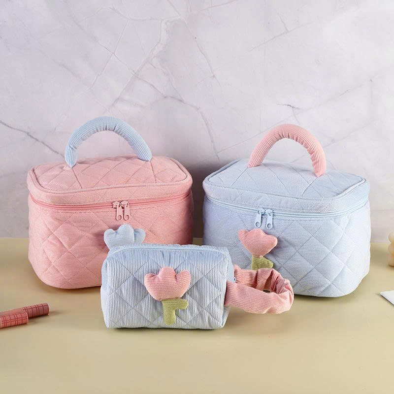 Túi Đựng Đồ Trang Điểm Makeup Cute Hoa Tulip, Túi Vải Đựng Mỹ Phẩm Có Quai Cầm Xách Tay