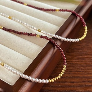 N1081 Vòng Cổ Dây Chuyền, Chuỗi Hạt Ngọc Trai Nhân Tạo Trắng Sợi Mãnh Mix Đỏ Vàng, Sang Trọng Cho Nữ