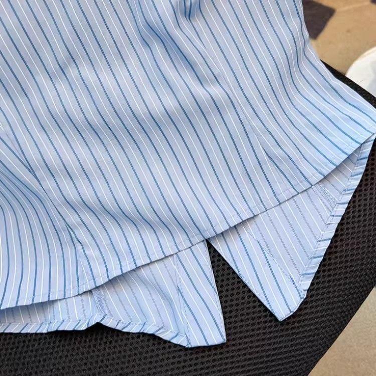 [Ưu đãi đặc biệt trong thời gian có hạn] Áo sơ mi thiết kế ngắn tay polo sọc phong cách Preppy xếp ly mùa hè Phong cách mới Sweet Spicy All-Match Top