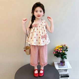 Bộ đồ bé gái mùa hè chấm bi - Áo sát nách đính nơ phối quần ống rộng thời trang dễ thương