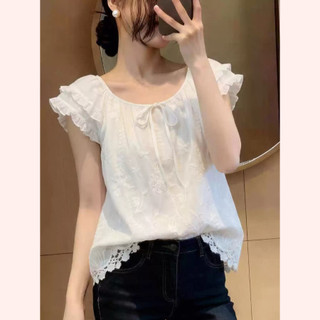 Áo Kiểu Hàn Quốc Cổ Tròn Viền Bèo Nhún Tay Cánh Tiên Form Rộng Cotton Mềm Thêu Hoa Phối Ren Dịu Dàng