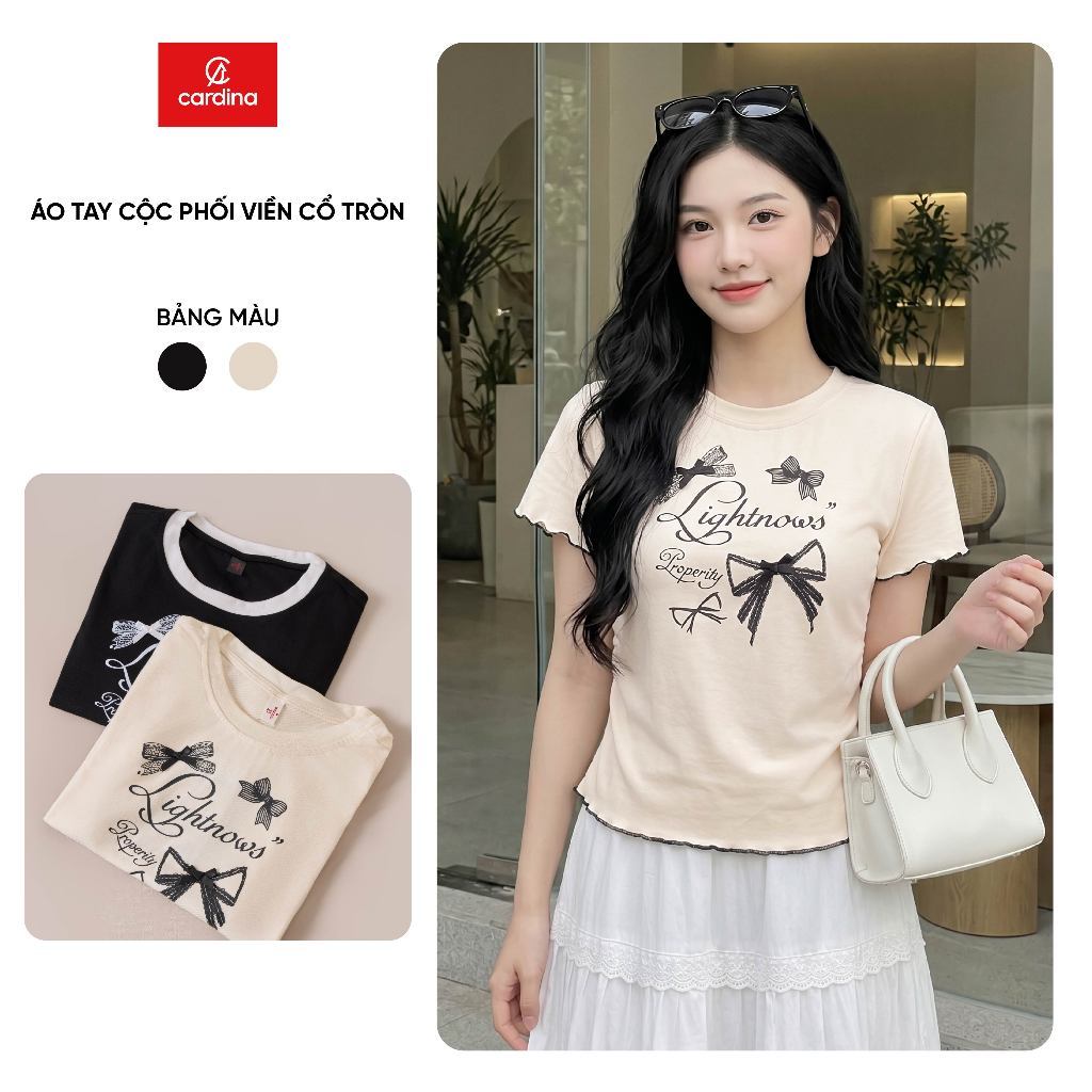 Áo thun nữ CARDINA chất liệu thun Zip tay cộc cổ tròn phối viền 6ATC12