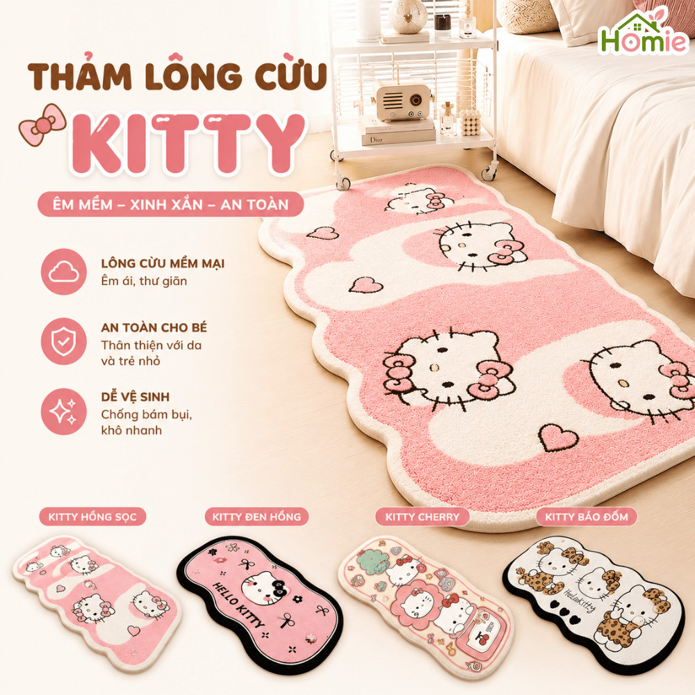 Thảm Trải Sàn Lông Cừu Hello Kitty Cashmere Mềm Mại HOMIE, Thảm Dài Chùi Chân Decor Phòng Ngủ, Khách