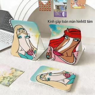 Gương gấp trang điểm họa tiết ngựa nghệ thuật mini để bàn dễ mang du lịch