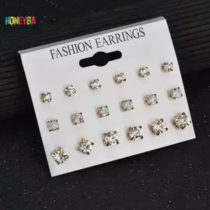 < Honeyba > Thời Trang Đơn Giản 9 Đôi / bộ Bộ Bông Tai Mix Bông Tai Hình Học Vuông Dành Cho Nữ Bông Tai Pha Lê Kim Cương Giả Mới Trang Sức Đẹp
