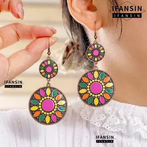 Bông tai mặt dây chuyền hoa IFANSIN, Bông tai rối nhiều màu Bohemian, Men dầu cổ điển Hình tròn bóng Bông tai Bohemian dành cho nữ