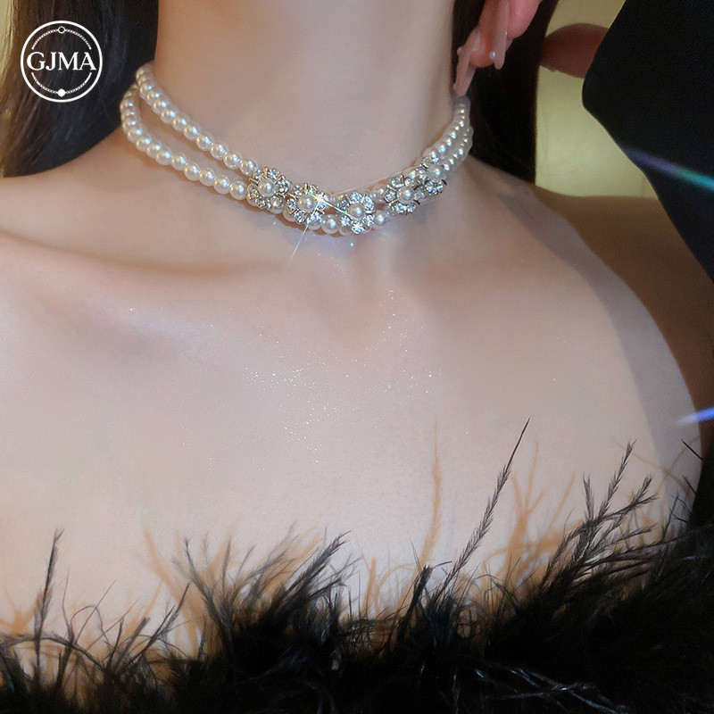 Vòng cổ ngọc trai tráng kim cương sang trọng của Pháp, phụ kiện dây chuyền xương đòn cổ điển thời trang dành cho nữ