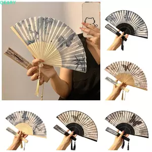 Quạt cầm tay QEARY Retro, Quạt gấp lụa phong cách khung tre, Cổ điển thanh lịch với tua rua Quạt cầm tay trang trí Trang trí nhà cửa