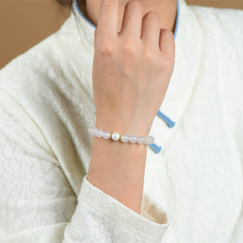 Vòng tay ngọc trai Chalcedony trắng tự nhiên dành cho nữ