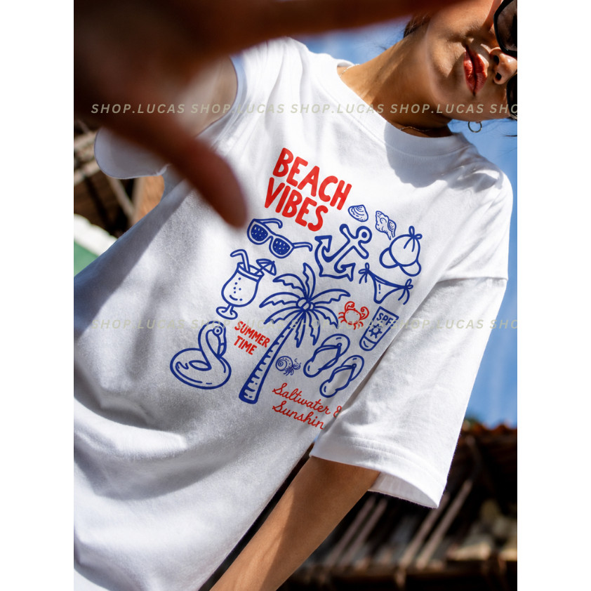 （Giao hàng 24h）Angela Áo Thun Mùa Hè Đi Biển SUMMER VIBE Nam Nữ Unisex In Hình Cổ Tròn Chất Cotton Local Brand