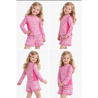 Đồ bơi bé gái họa tiết cầu vồng,labubu gồm áo dài tay +quần đùi ,đồ đi biển bé gái size 10-40kg