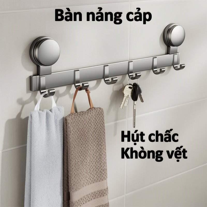 Móc Treo Tường Hút Chân Không Đa Năng Thanh Inox Treo Khăn Quần Áo Nhà Tắm Bếp Phòng Ngủ